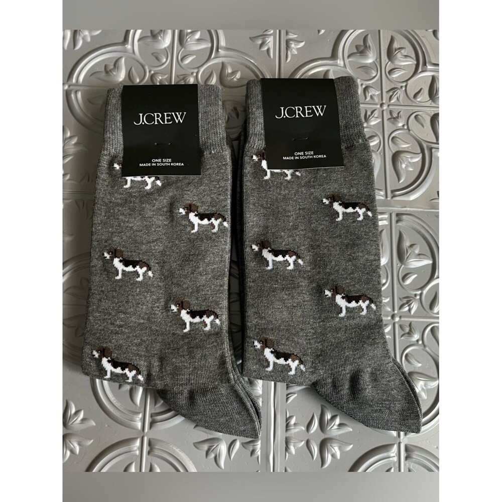 J Crew Mens Beagle Dog Allover Print Socks Holiday Gray Set of 2